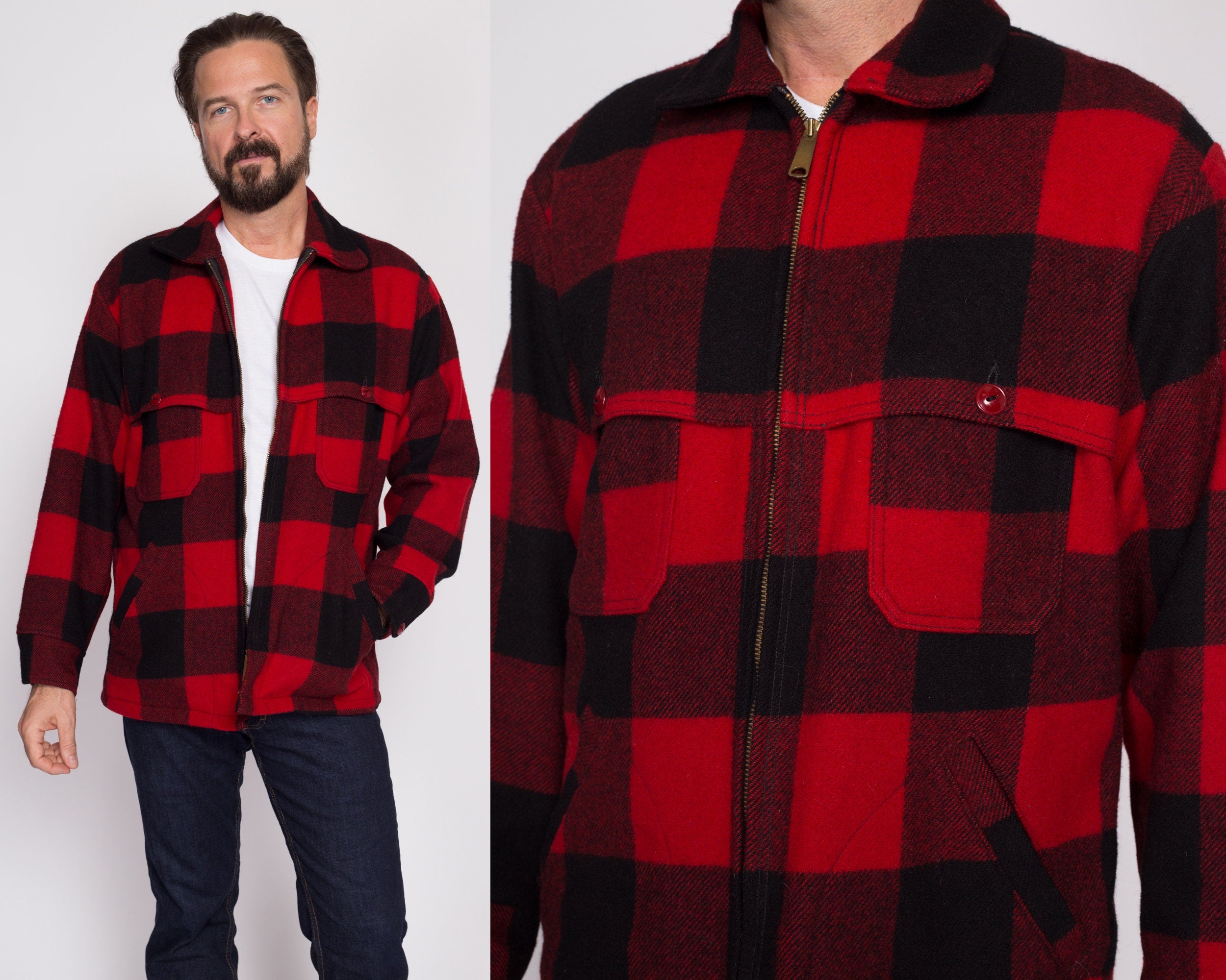 70s Melton Buffalo Plaid Wool Shirt Jacket - Men's Medium, Women's 