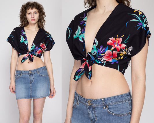 70s Sheer Black Floral Tie Front Crop Top - Small – Flying Apple