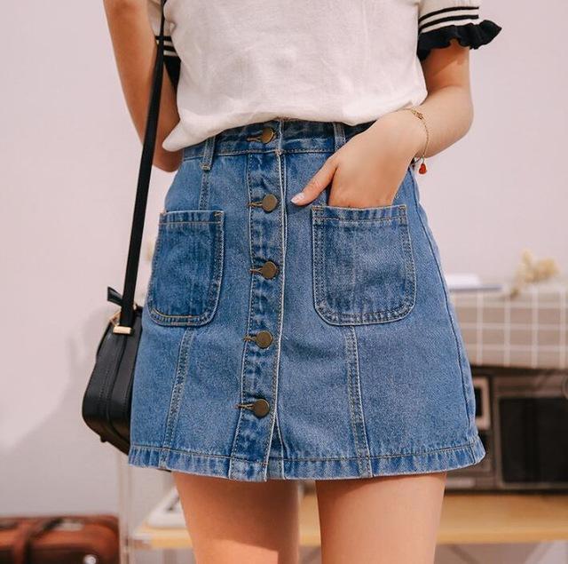 button front denim mini skirt