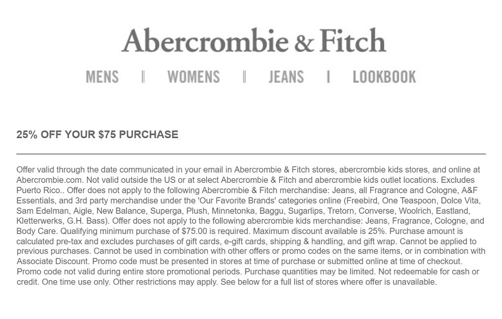 abercrombie 25 off entire purchase