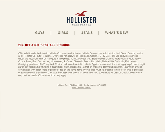 Hollister 20% off $50+ Purchase−Instant 