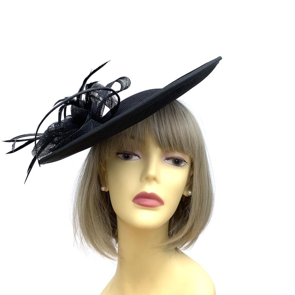 Round Black Disc Fascinator / Hatinator with Quill & Feathers