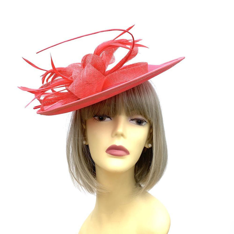 Round Coral Disc Fascinator / Hatinator with Quill & Feathers
