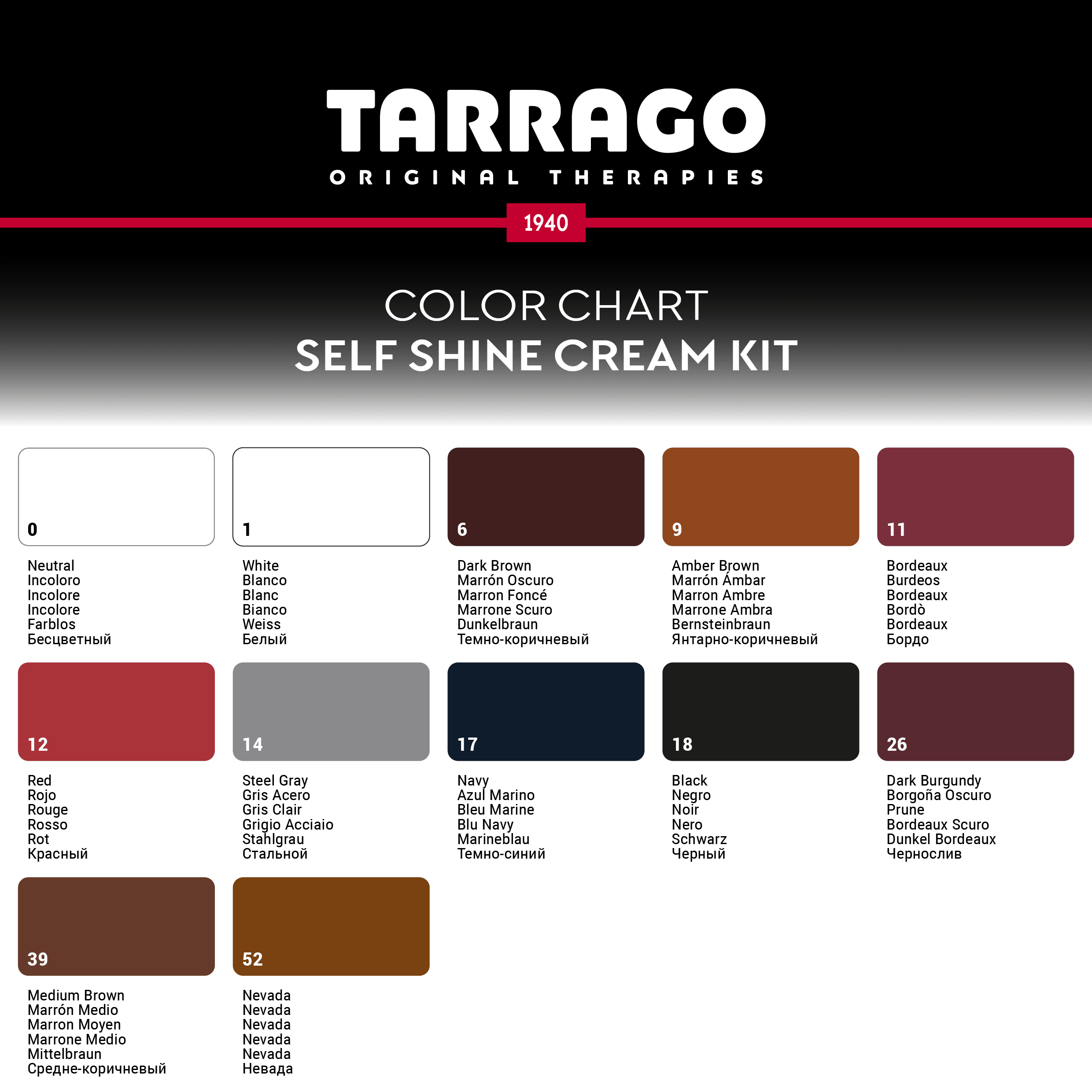 Tarrago Self Shine Cream Kit Color Chart