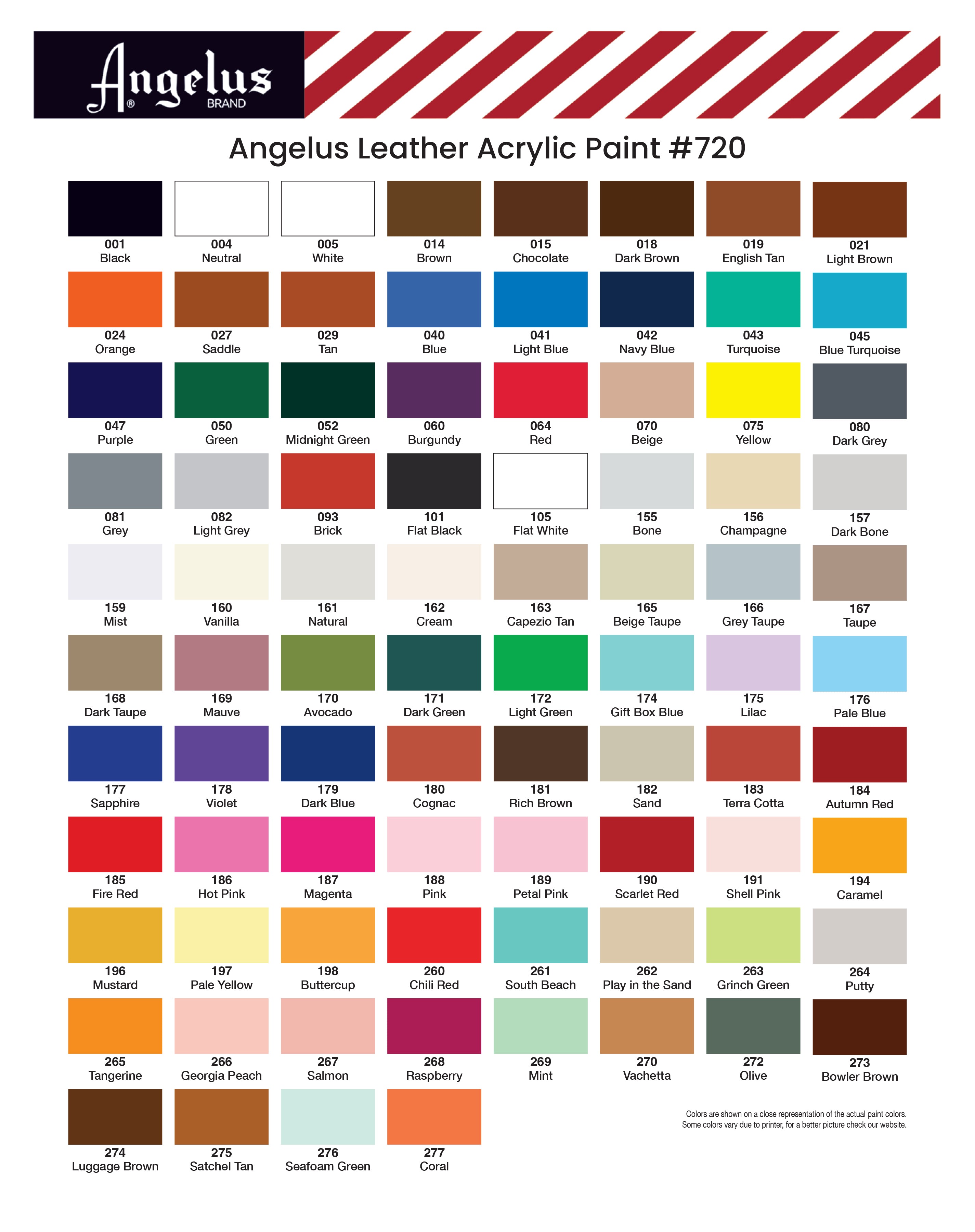 Color Chart of Angelus Leather Acrylic Paint