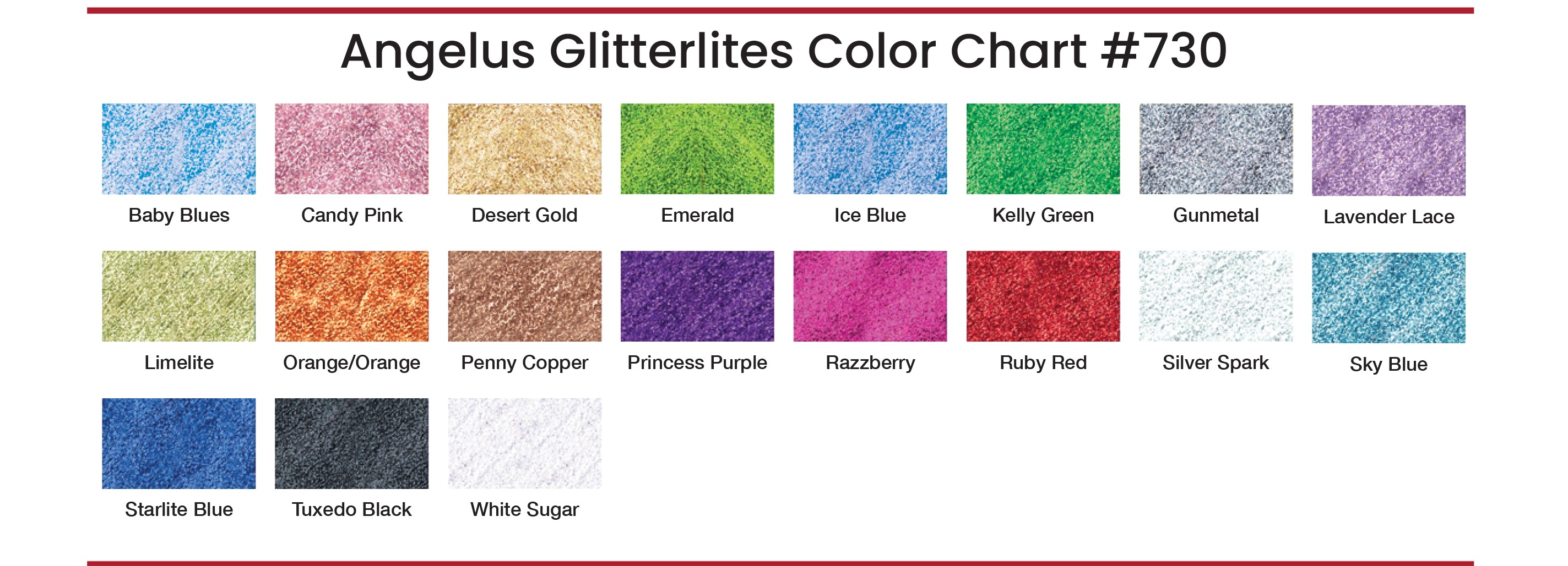 Multiple colors options available for the Angelus Glitterlites Leather paints. Select any color that match with your footwears.