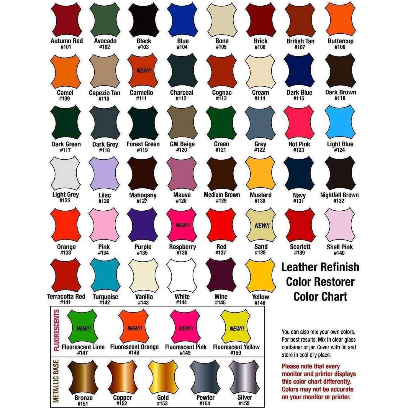 Leather Refinish Color Chart