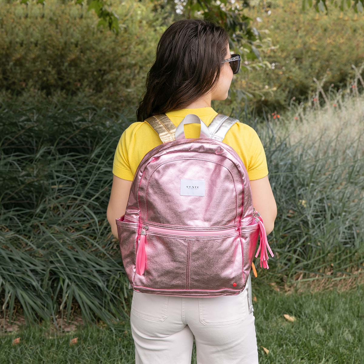 pink metallic backpack