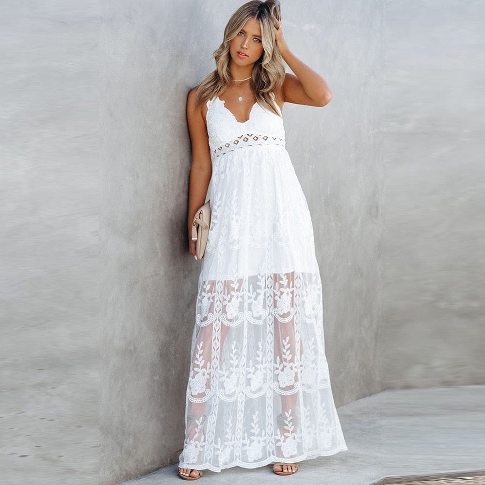 White Lace Chiffon A-line Spaghetti Strap Beach Wedding Dresses – Promnova