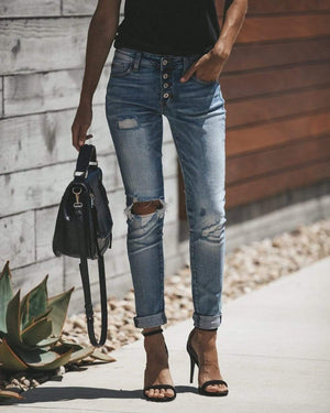 Bleached Ripped Denim Skinny Jeans - Mid-Rise Denim Jeans For Women ...