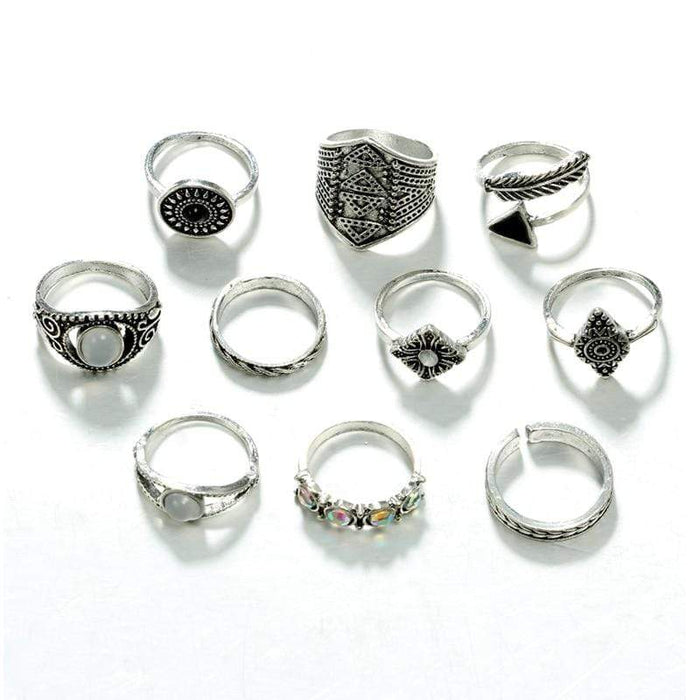 Women's Fashion Jewelry Vintage Bohemian 15 Ring Set Silver Gothic 88-5831
