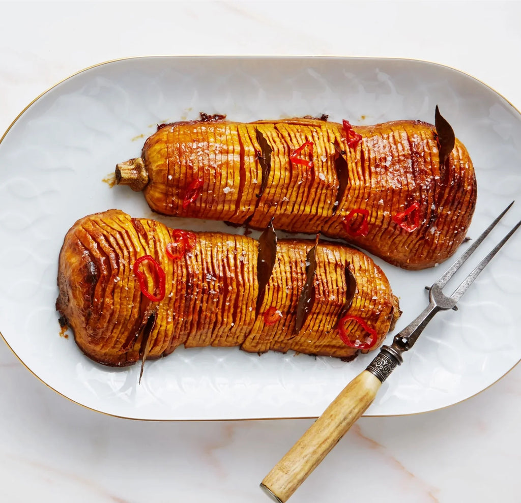 Hasselback Butternut Squash with Bay Leaves on the Grill