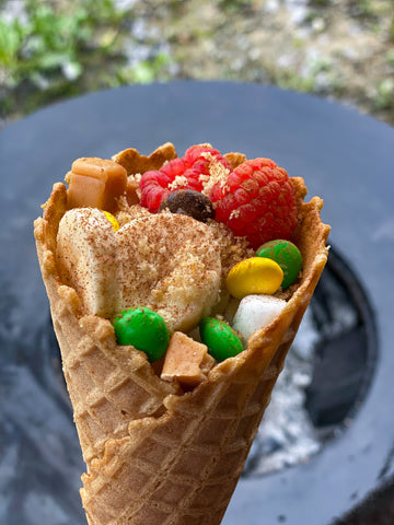 Marshmallow Filled Campfire Cones on the grill