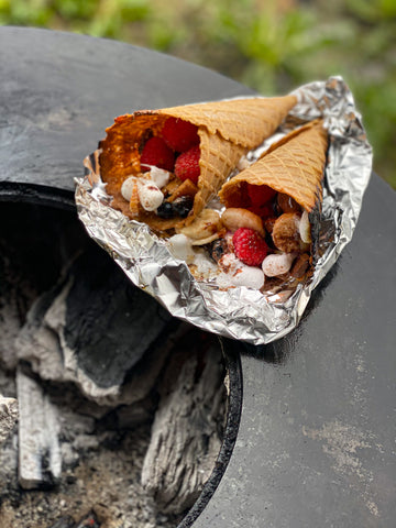 Marshmallow Filled Campfire Cones on the grill