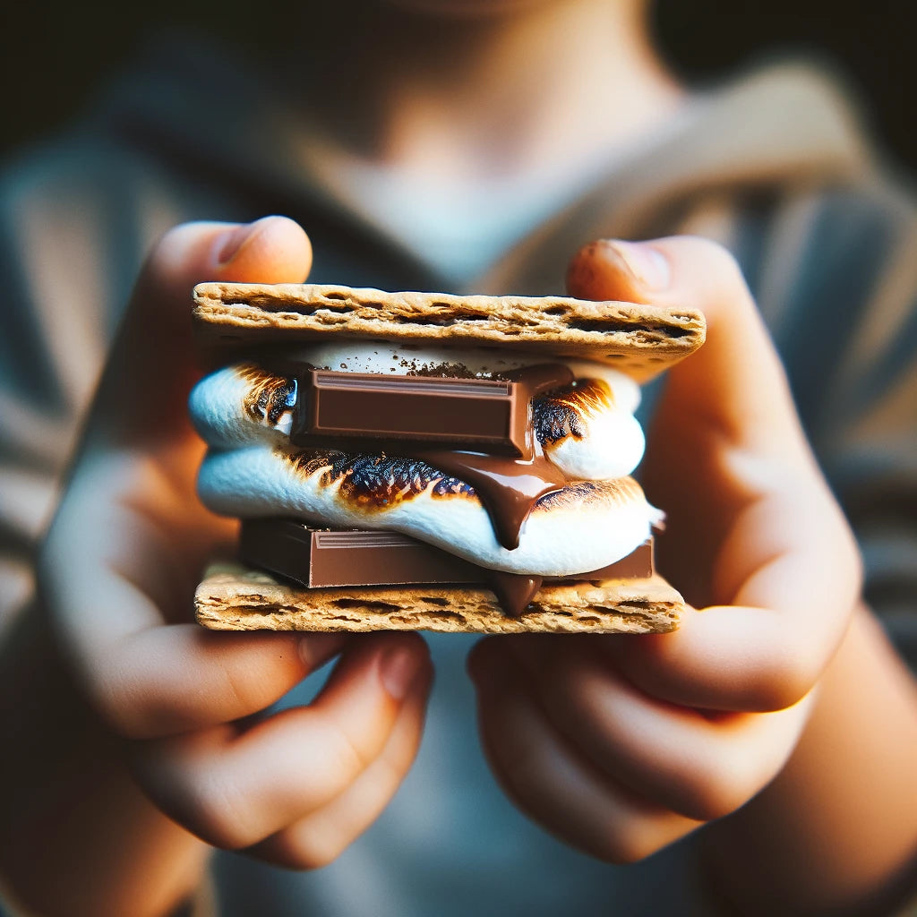 Marshmallow S'mores on the grill in child hands