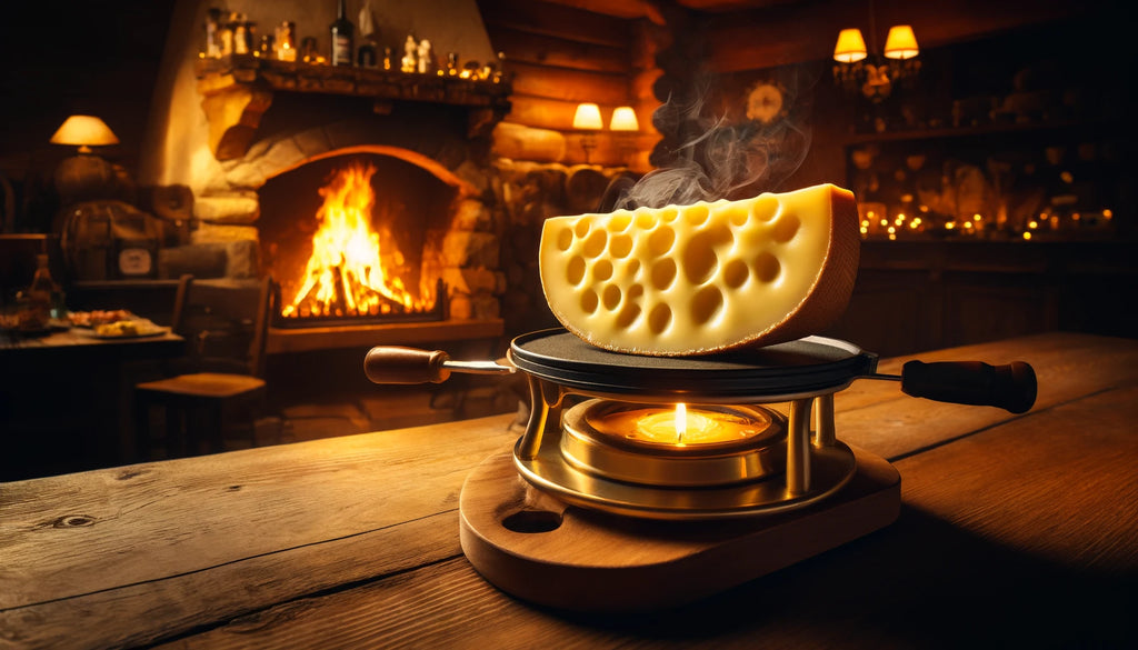 Raclette cheese being melted in front of an open fire