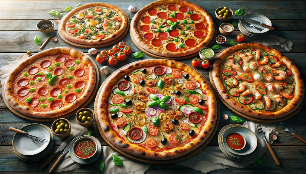 a variety of pizzas on a large wooden table