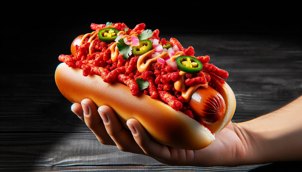 holding a Spicy Flaming Hot Cheeto Hotdog