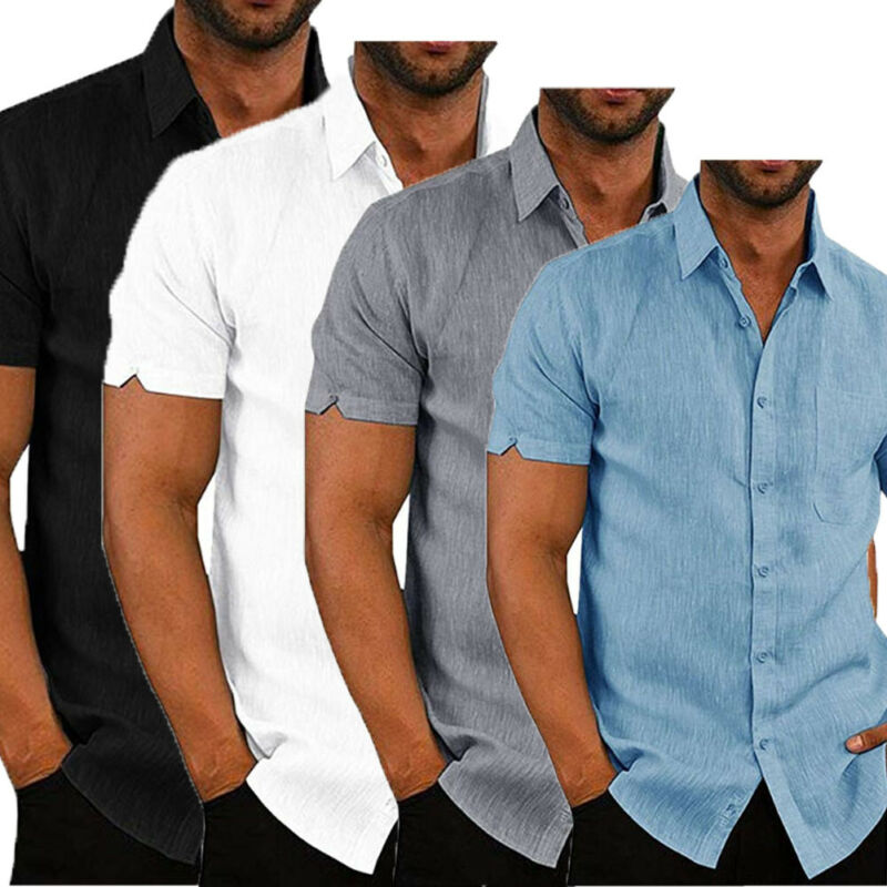 Mens Linen Short Sleeve Baggy Buttons Summer Comfortable Shirts