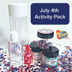 The 4th of July Activity Kit with a sensory bottle, mini sensory bin, bubbles, and color-changing dough.