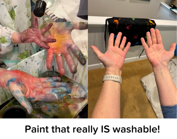 Messy hands with paint after kid's art activity, then clean hands.