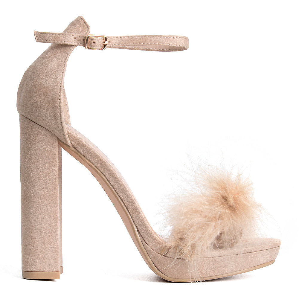 DINA NUDE PLATFORM FLUFFY BLOCK HEELS 