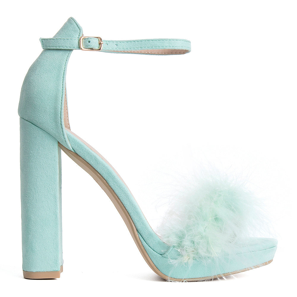 DINA MINT PLATFORM FLUFFY BLOCK HEELS 