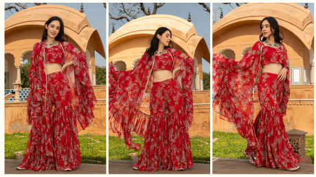 Indian women wearing red sharara set