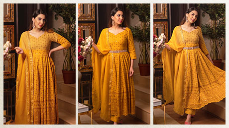 Indian women wearing yellow anarkali dress