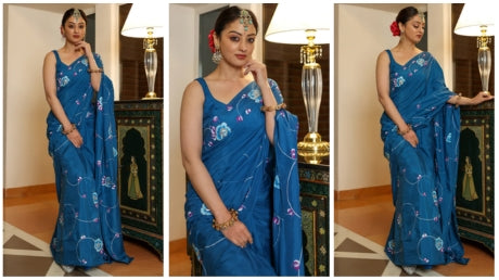 GALAXY BLUE HANDPAINTED SILK SAREE