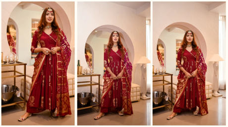 MAROON ANGRAKHA BANDHEJ SUIT SET