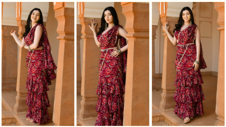 Shop Raina Georgette Pre draped Saree for Women Online in India at Aachho