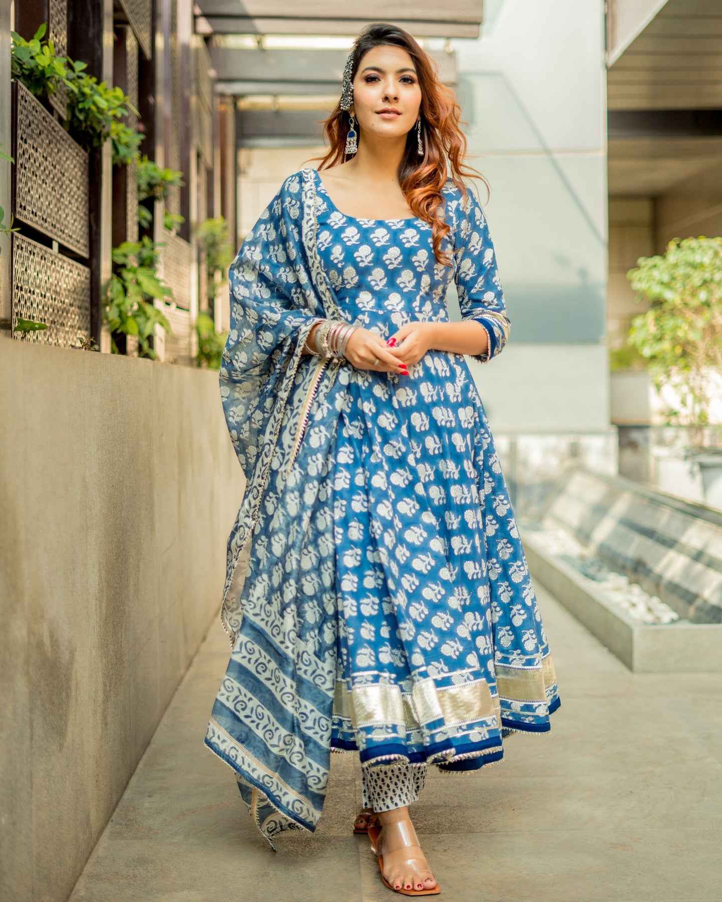 Buy Windy Blue Handblock Cotton Suit Set Online in India - Aachho