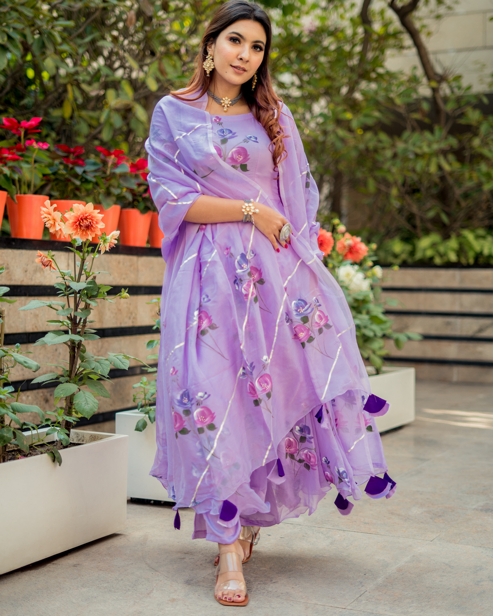 Lilac Organza Handpainted Suit Set – Aachho