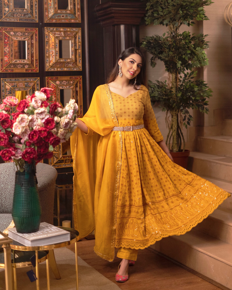 Mustard Chikankari Anarkali Set – Aachho