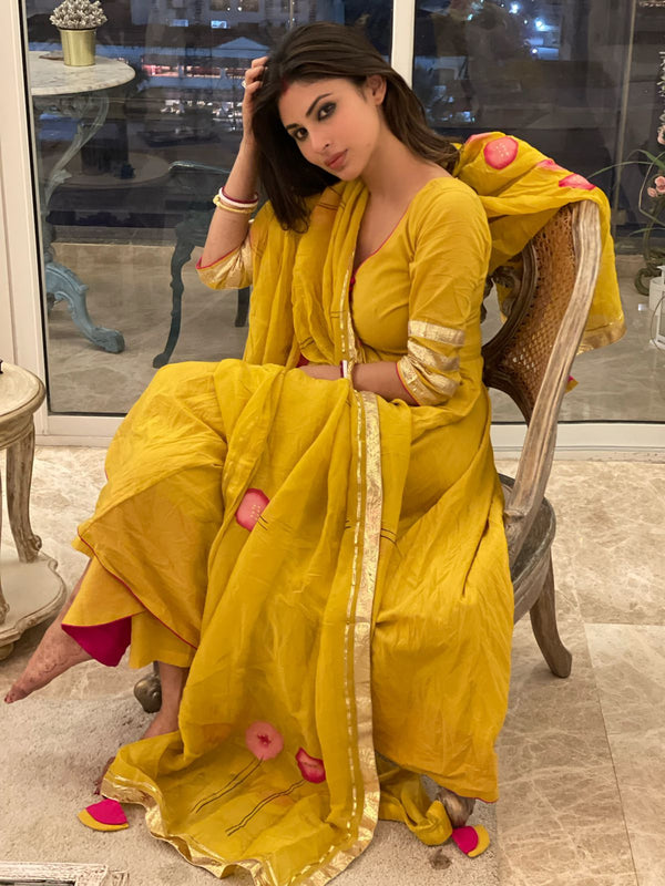 Mustard Color Georgette Fabric Palazzo Suit Featuring Vartika Singh With  Color Contrast Dupatta