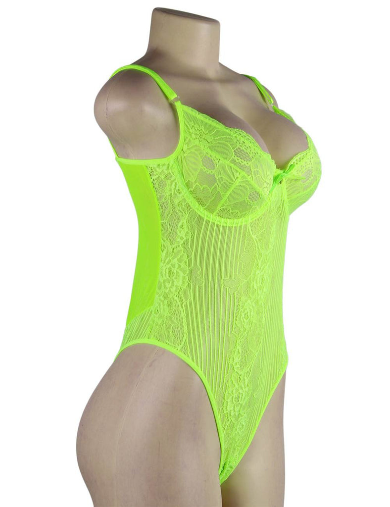 Chartreuse Glamour Underwire Hollywood Sheer Lace Teddy With Steel Ring