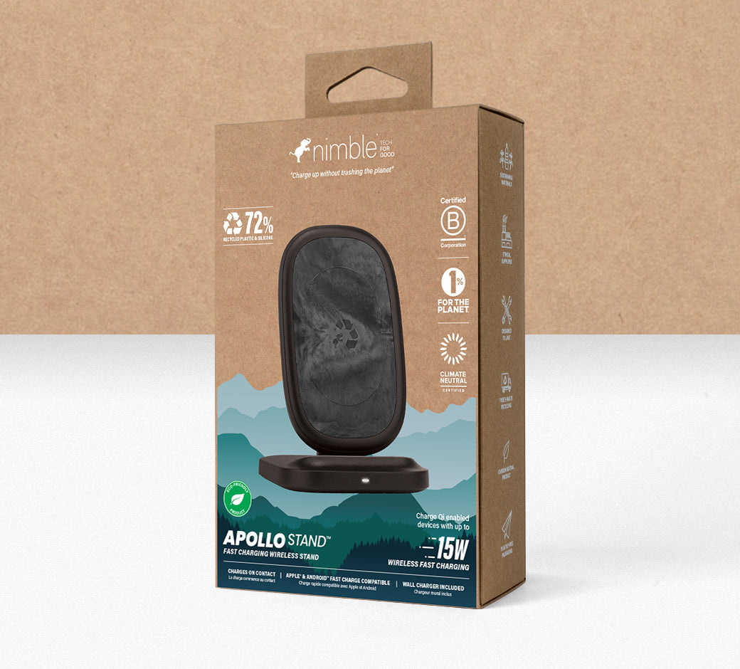 Packaging of Nimble Apollo Stand highlighting its eco-friendly and sustainable features.
