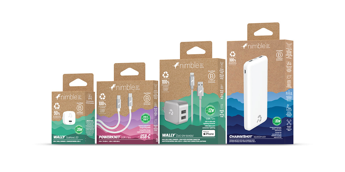 Nimble packaging is made with at least 80% recycled content and is always plastic-free.