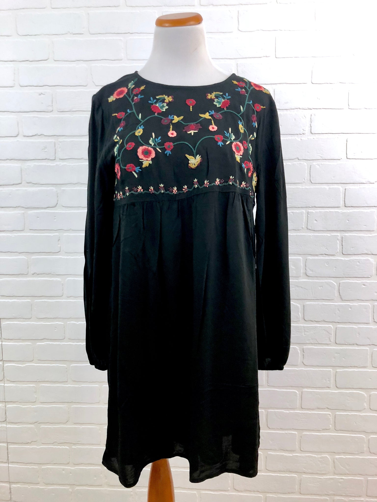 black embroidered smock dress