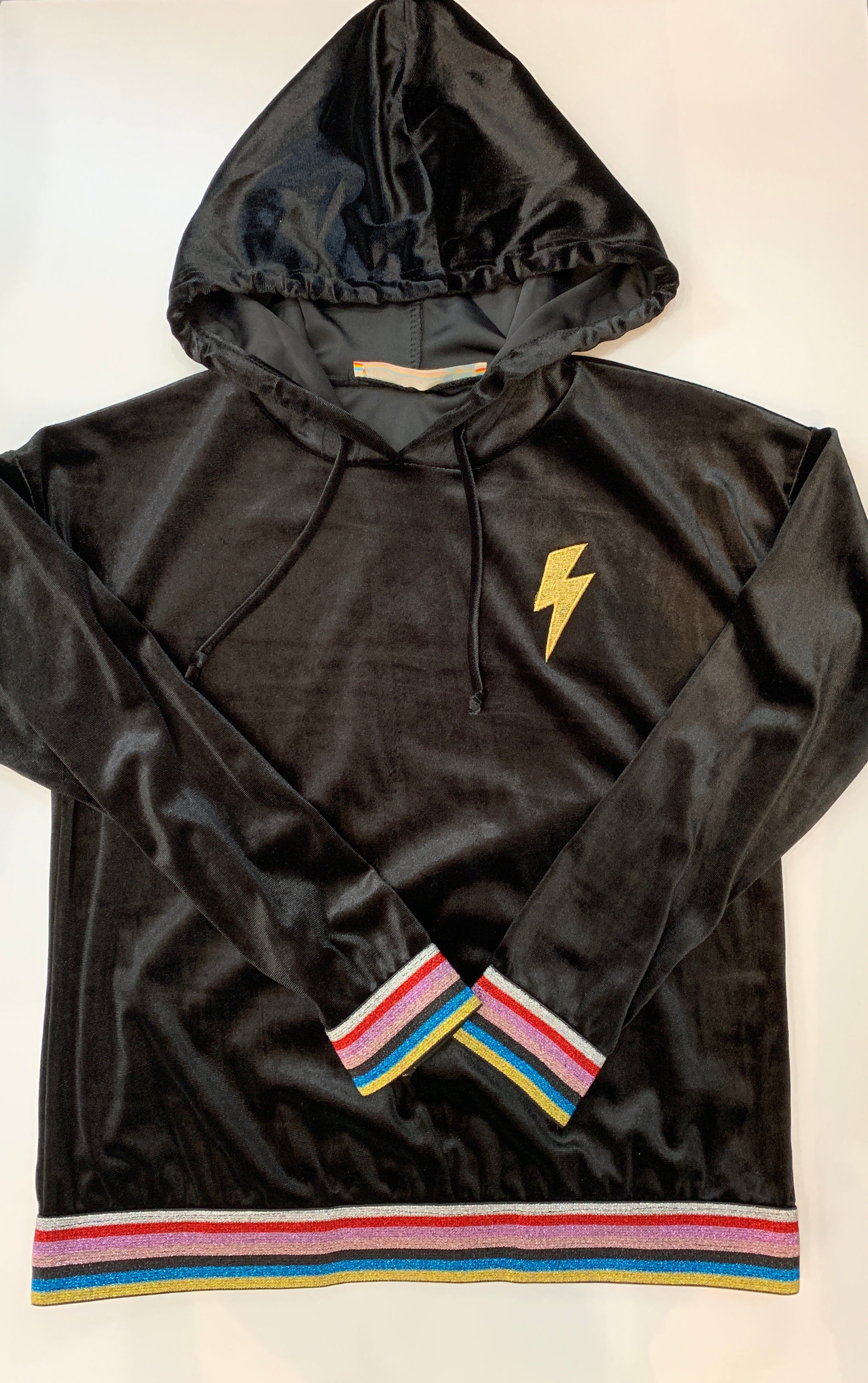 VINTAGE HAVANA Girls Black Velvet Hoodie with Rainbow Stripes