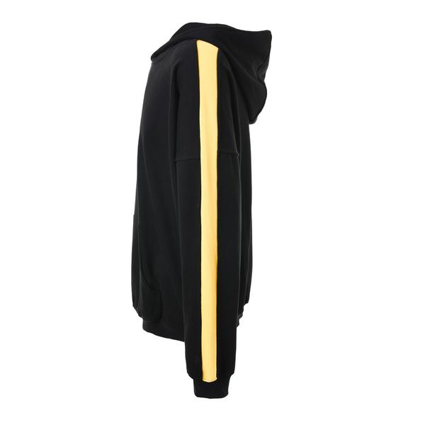 black hoodie with yellow stripe