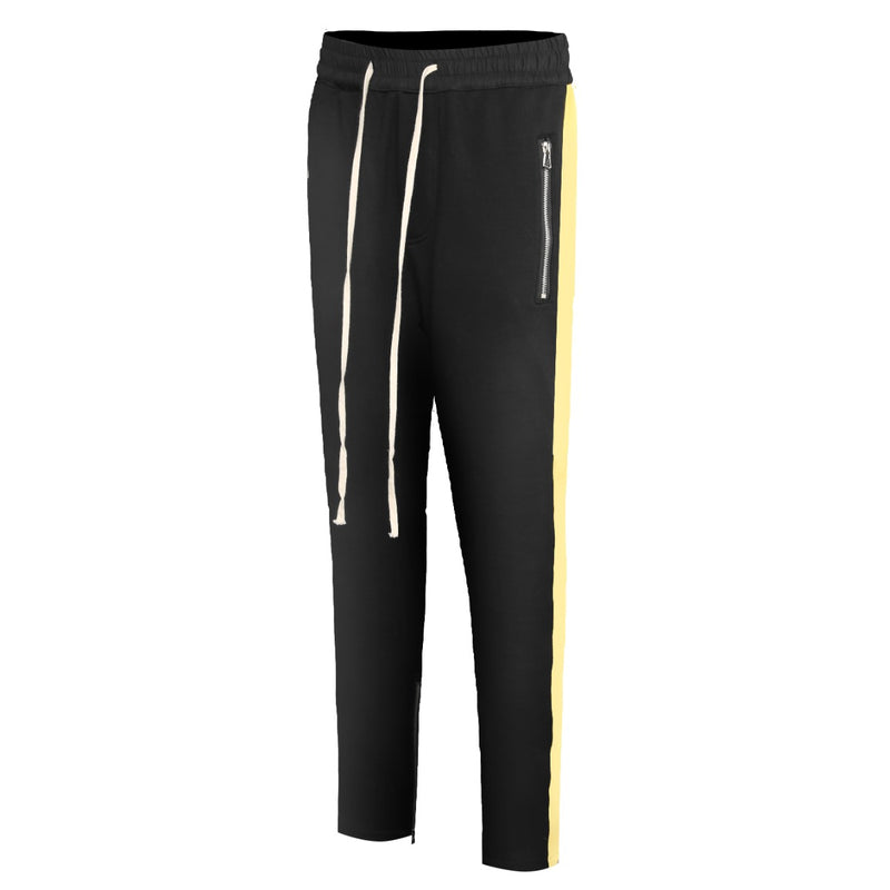 black pants with yellow stripe