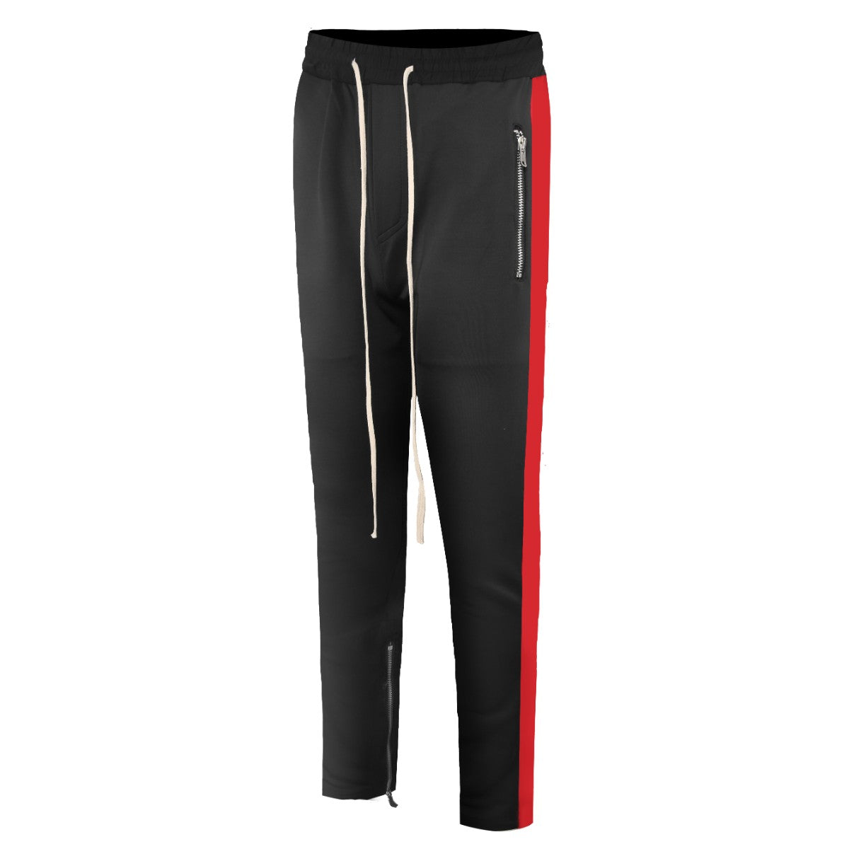 black track pants with red stripe