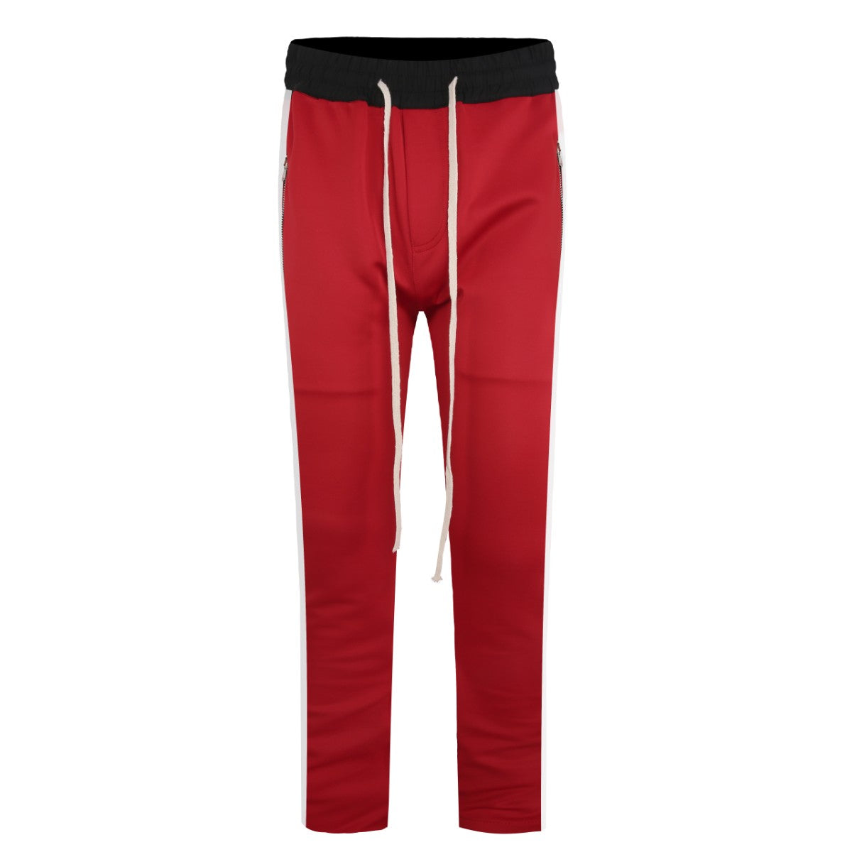 white track pants with red stripe