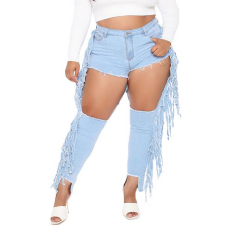 Overhale medier lounge Plus Size Women's Fringed Jeans Big Hole Ripped Pencil Pants – HiHalley