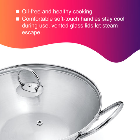 Blueberry's 24 cm Stainless Steel Body, Quality Glass lid Kadai Pan (Silver)