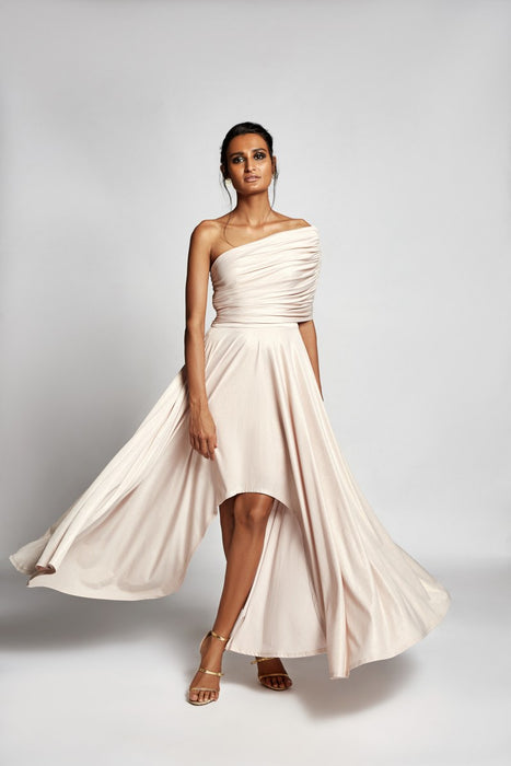 one shoulder white evening dress