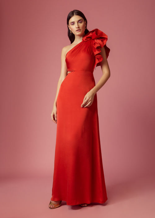 red ruffle gown