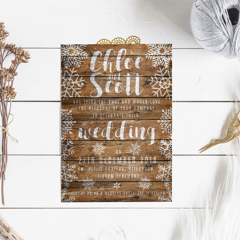 Snow flake on Rustic Wood Background WInter Wedding